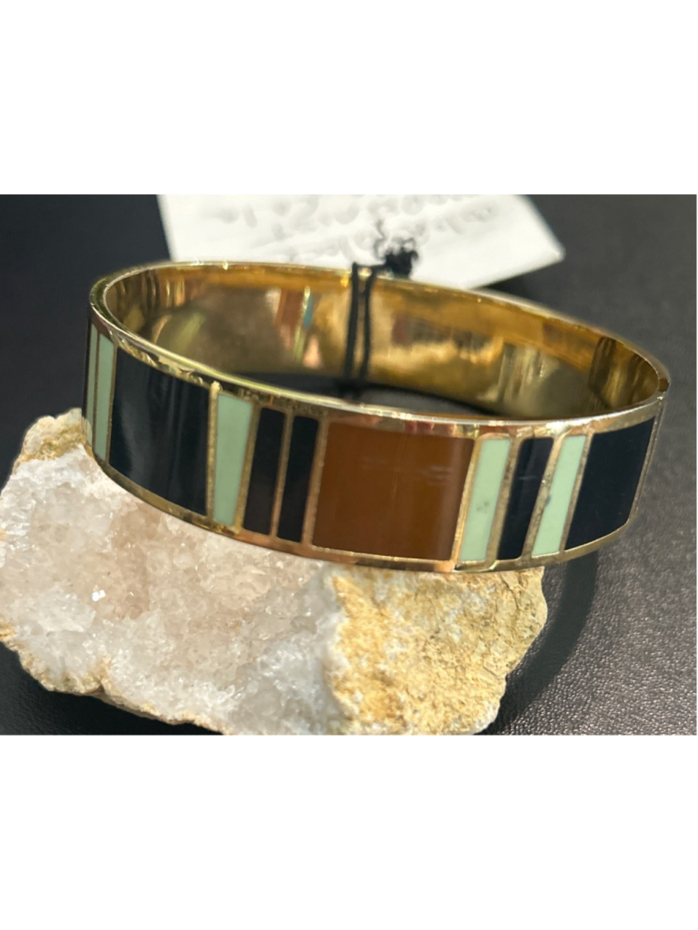 Women's MMA Gold Tone Black Green Brown Striped Bangle Bracelet size 8